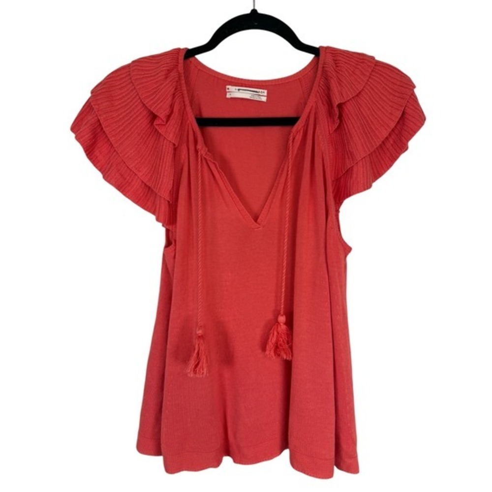 Anthropologie Coral Ruffle Sleeve Knit Tassel Tie V-Neck Top Small